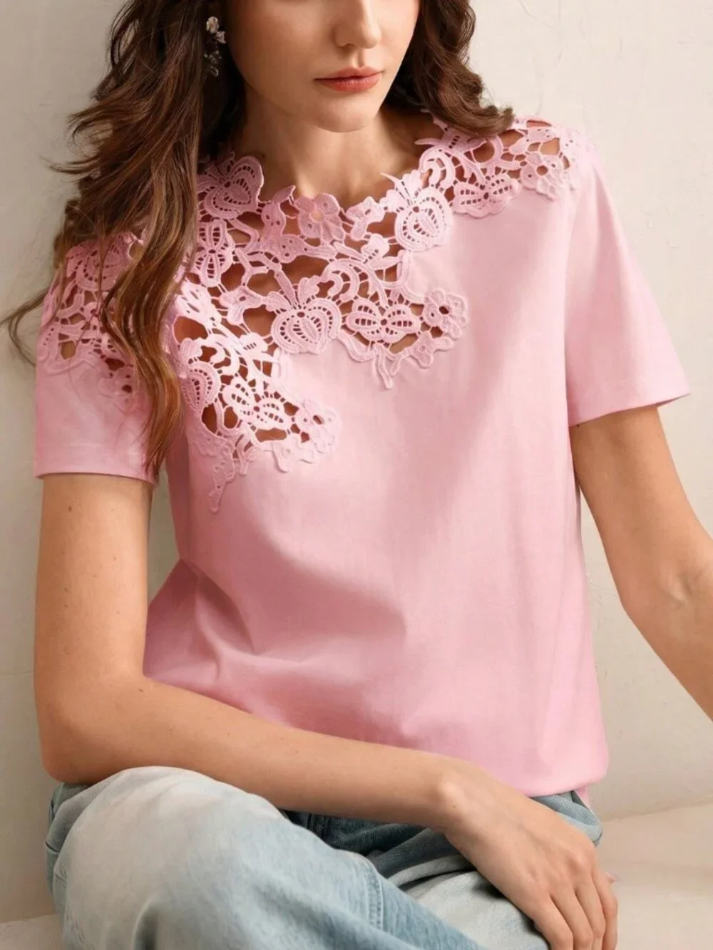 Pink Casual Women's Lace Embroidered Patchwork Hollow-Out Short Sleeve T-Shirt - Picture 4 of 8